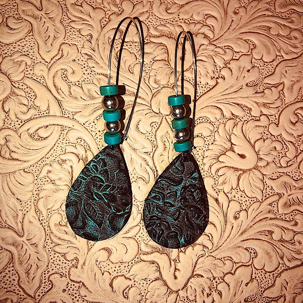 LEATHER n TURQUOISE BEAD EARRINGS WIRES - Picture 2 of 2